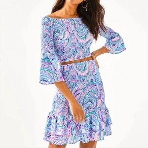 Lilly Pulitzer Soren ruffle two-piece skirt set in the "Happy As A Clam" size S